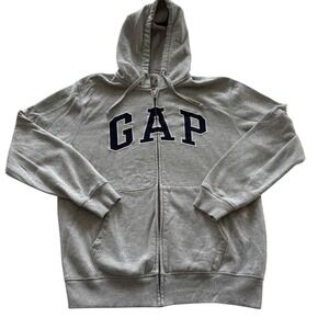 GAP Womens Arch Logo Full Zip Hoodie Heather Gray Navy Blue Fleece Small
